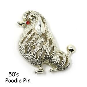 Vintage 50s Poodle Pin Gold Metal Detailed Fur Rhinestone Eye 1.75" - Hey Viv